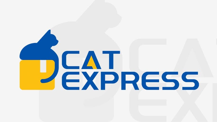 Cat Express logo: a blue cat sitting on a yellow parcel next to the company name