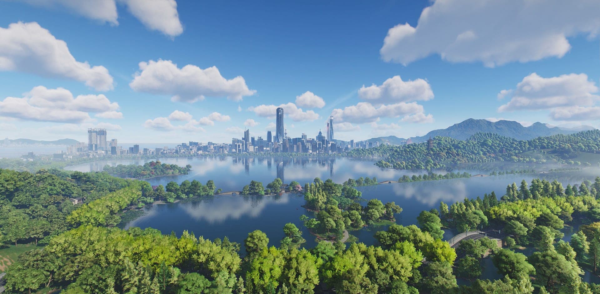 Chongxiao panorama: a large lake with forested islands and shores, a city skyline and mountains on the horizon