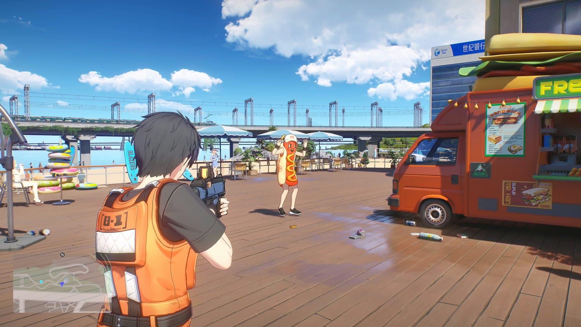A waterfront deck in Downtown: the Captain films with a phone next to a hot dog food truck with a giant burger on its roof