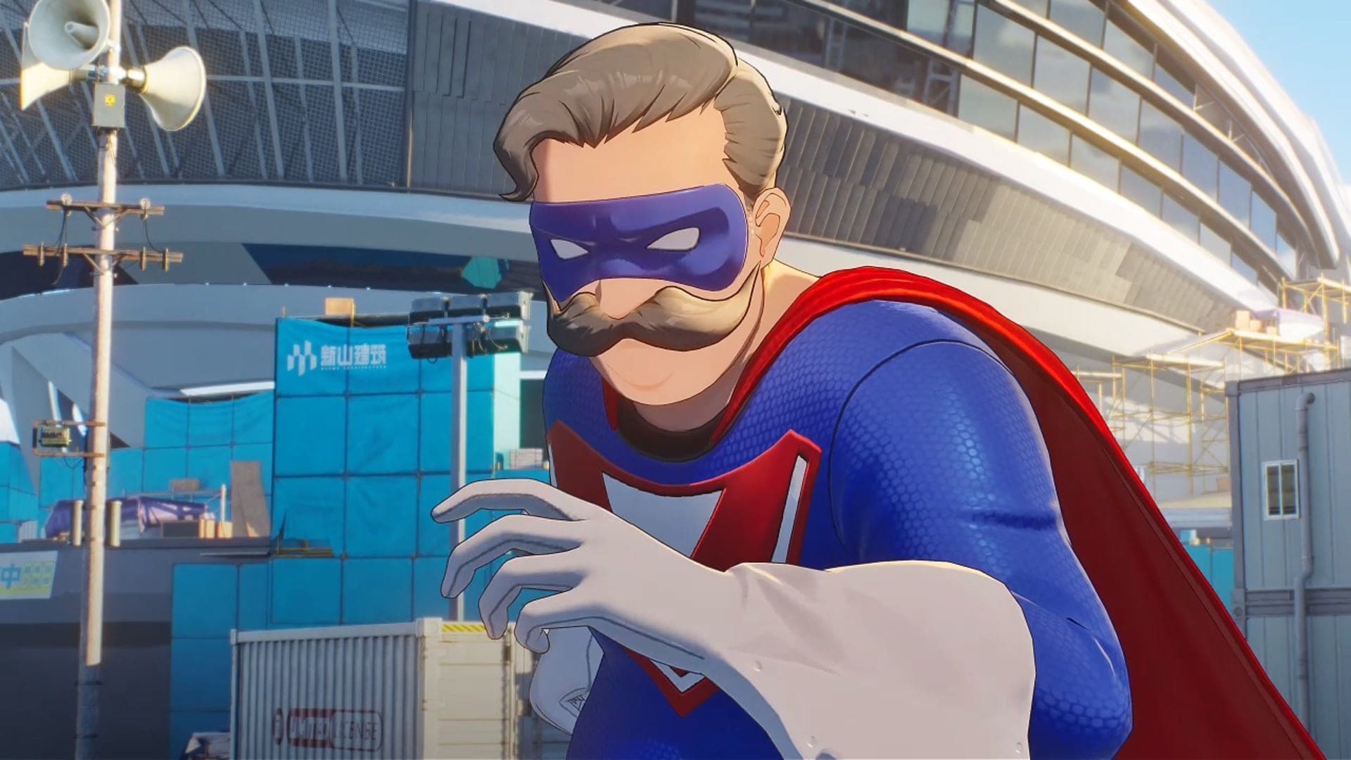 Victor, a mustached man in a superhero costume with a blue mask and red cape, on a Downtown street
