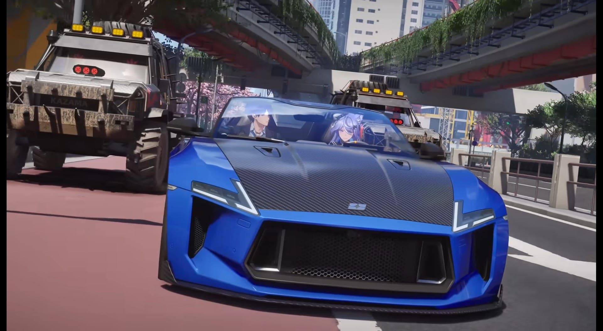 Lykaia drives a blue convertible with the Captain beside her under an overpass, chased by two armored off-road trucks