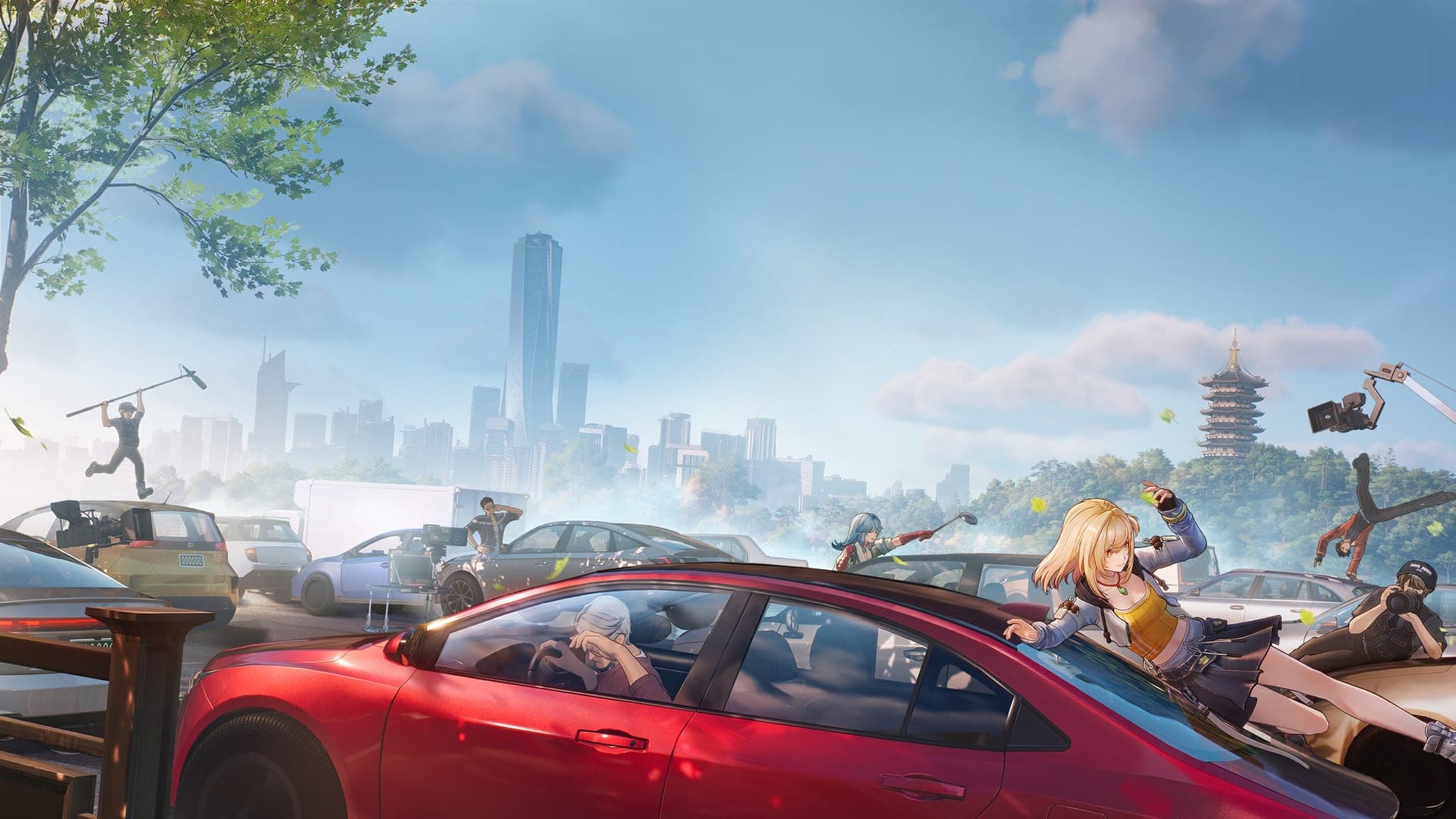 ANANTA promotional art: a red car crashes through a street pileup while characters leap past it, with skyscrapers and a pagoda behind