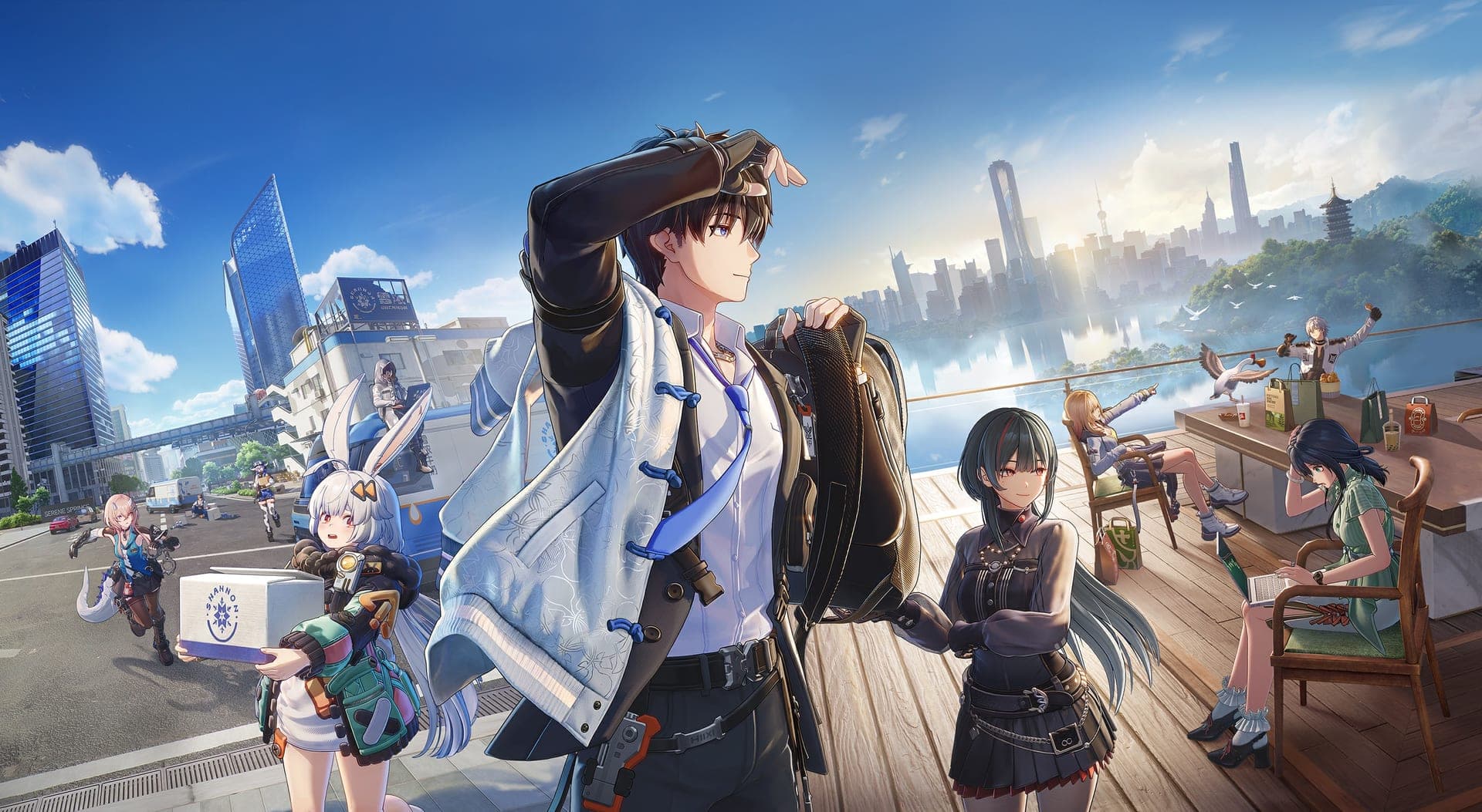 ANANTA key art: the Captain, Taffy, Shi Ye and other characters on a wooden terrace above a city with skyscrapers, a lake and a pagoda