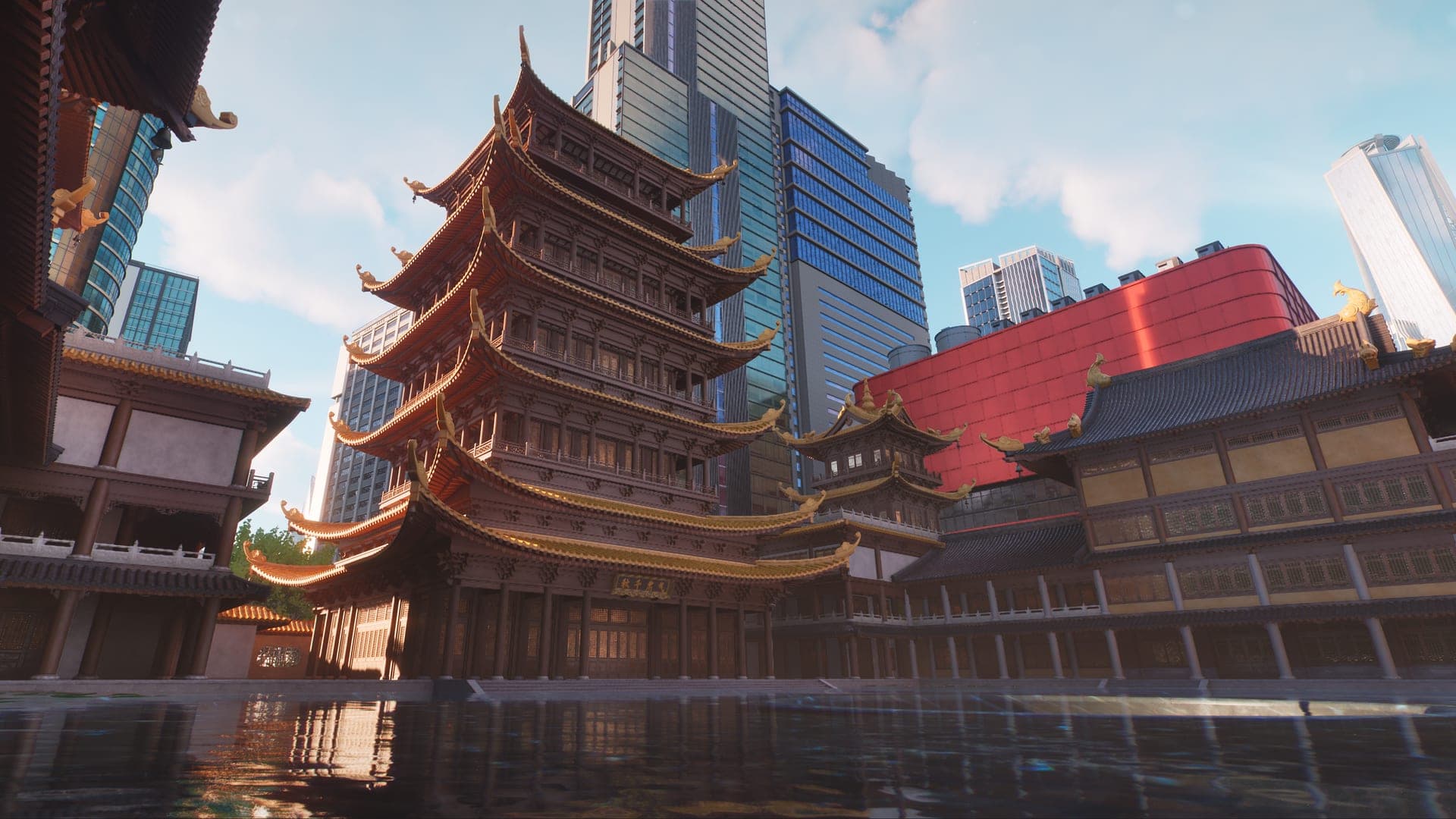 A traditional multi-storey hall with golden roofs reflected in water, surrounded by glass skyscrapers in Mingpu District