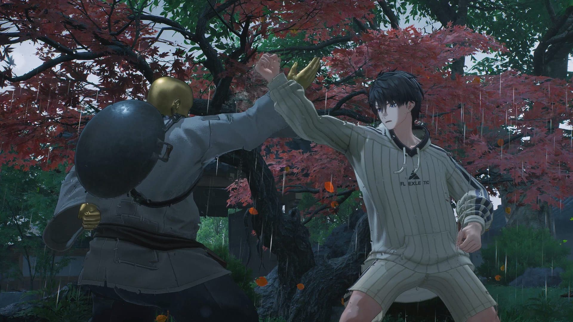 The Captain in a striped tracksuit sparring with Tie Shan, a figure with an iron-ball head and golden hands, under red maples in the rain