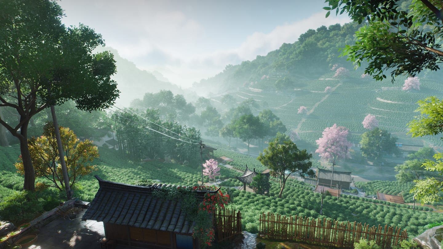 Longqi Village: terraced tea fields on green hills, a tiled roof and blossoming trees in the morning haze