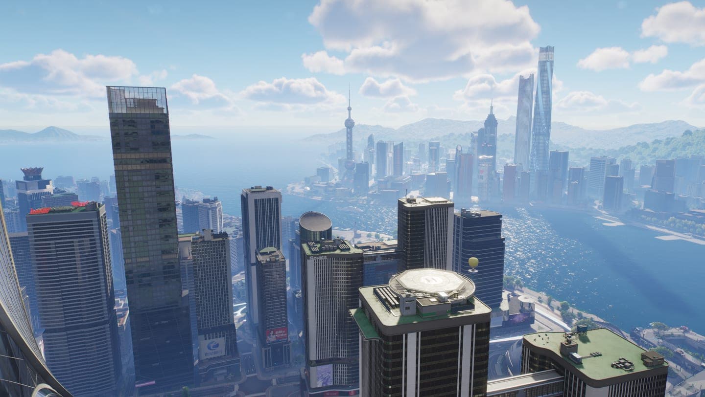 Mingpu District from above: skyscrapers along a wide river and a TV tower with spheres on the far bank