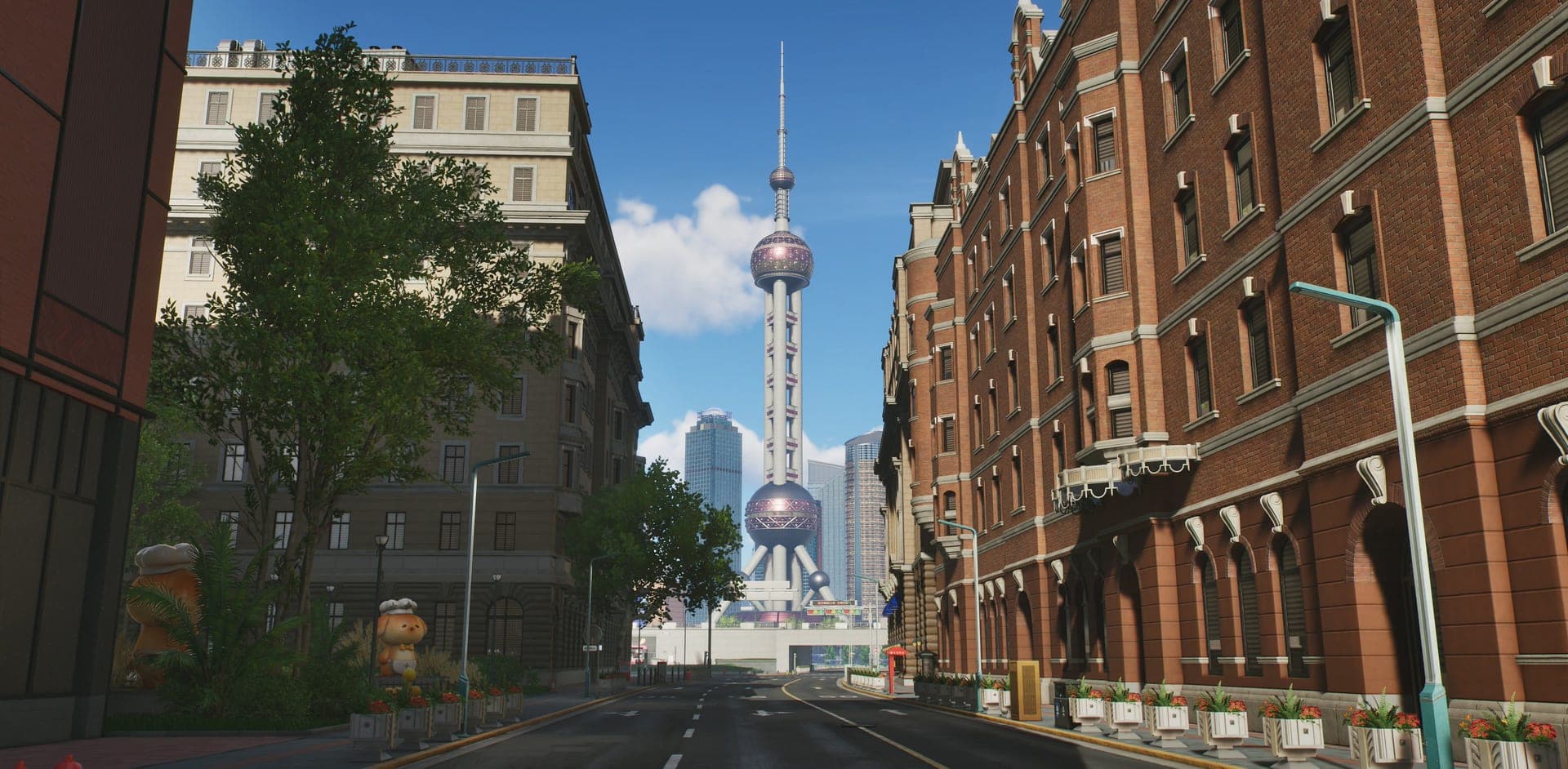 A street of red-brick and stone buildings in Mingpu District, with a TV tower with spheres at the end of the road