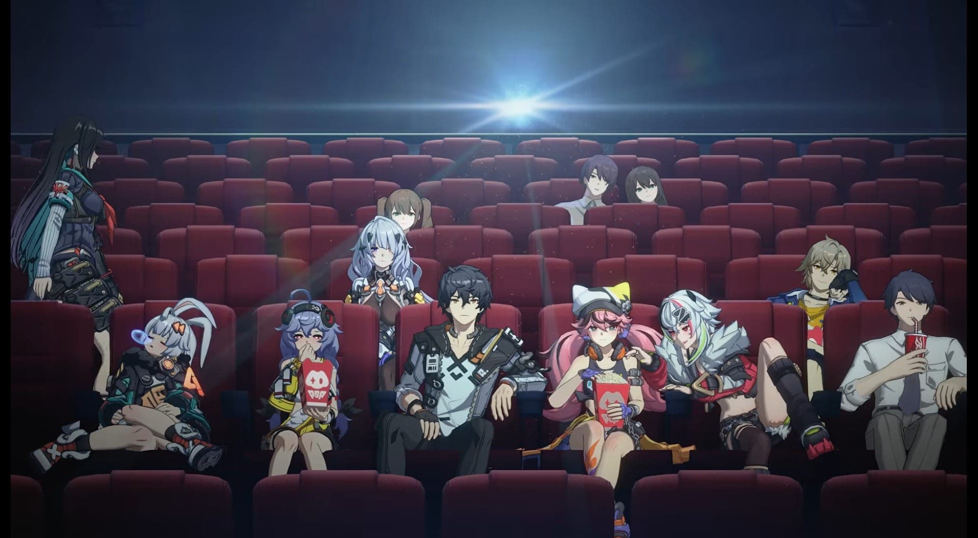 Project Mugen characters, among them a rabbit-eared girl and a dark-haired young man, sit in the red seats of a cinema with popcorn and drinks