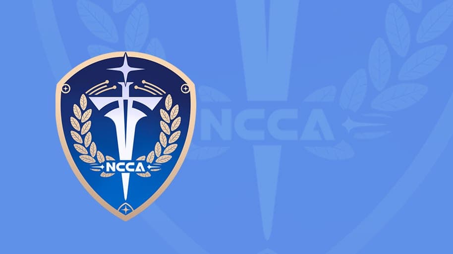 NCCA logo: a blue police shield with a laurel wreath and a star on a blue background