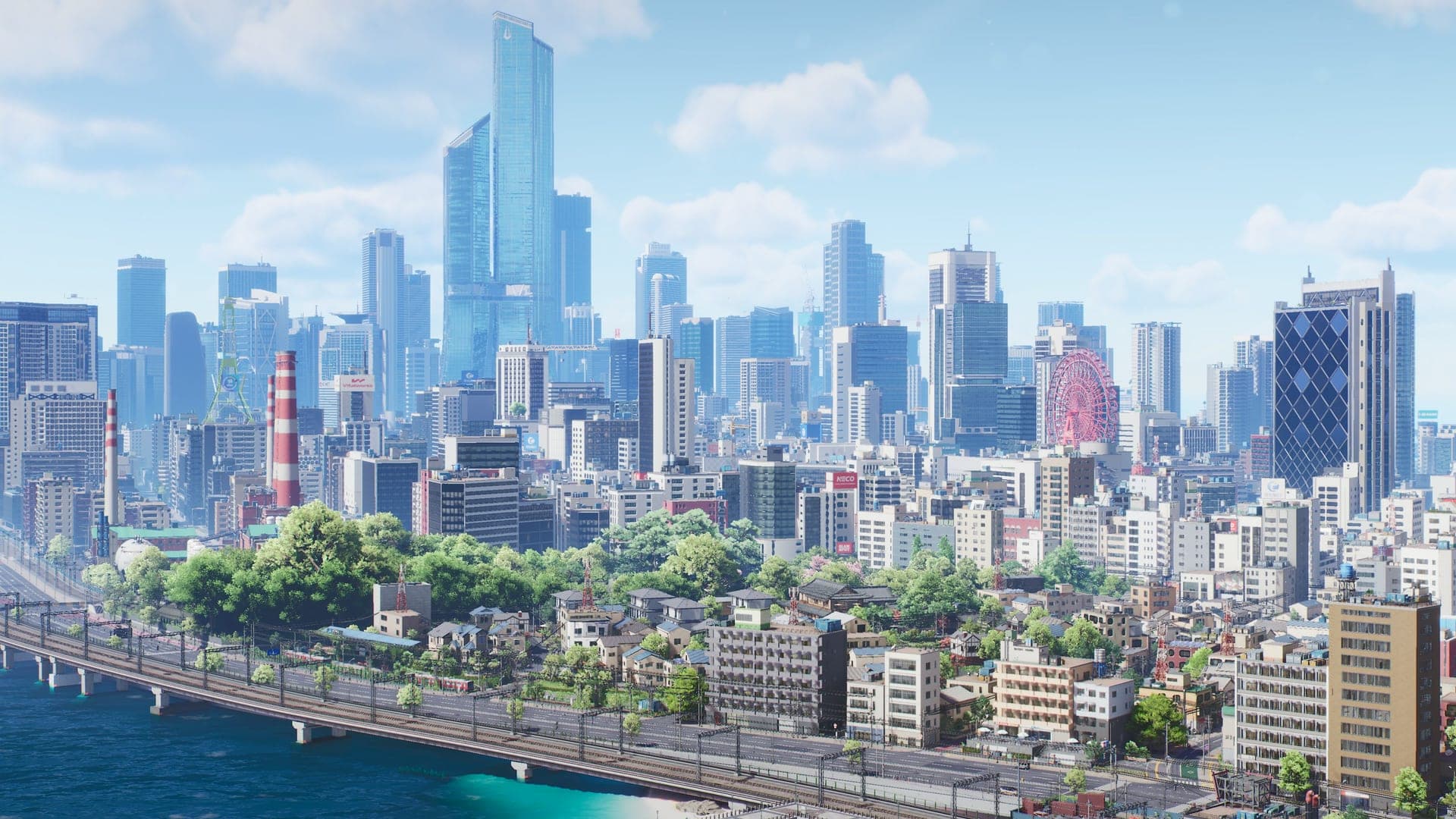 Nova City skyline: dense blocks and glass towers along a river with a road bridge, and a red Ferris wheel among the buildings