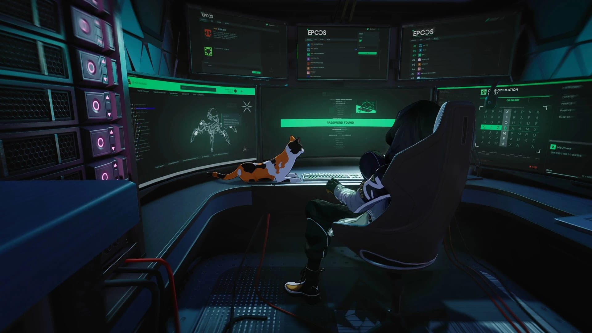 Seymour sits in a gaming chair in a dark room full of green-lit monitors, with a calico cat lying on the desk