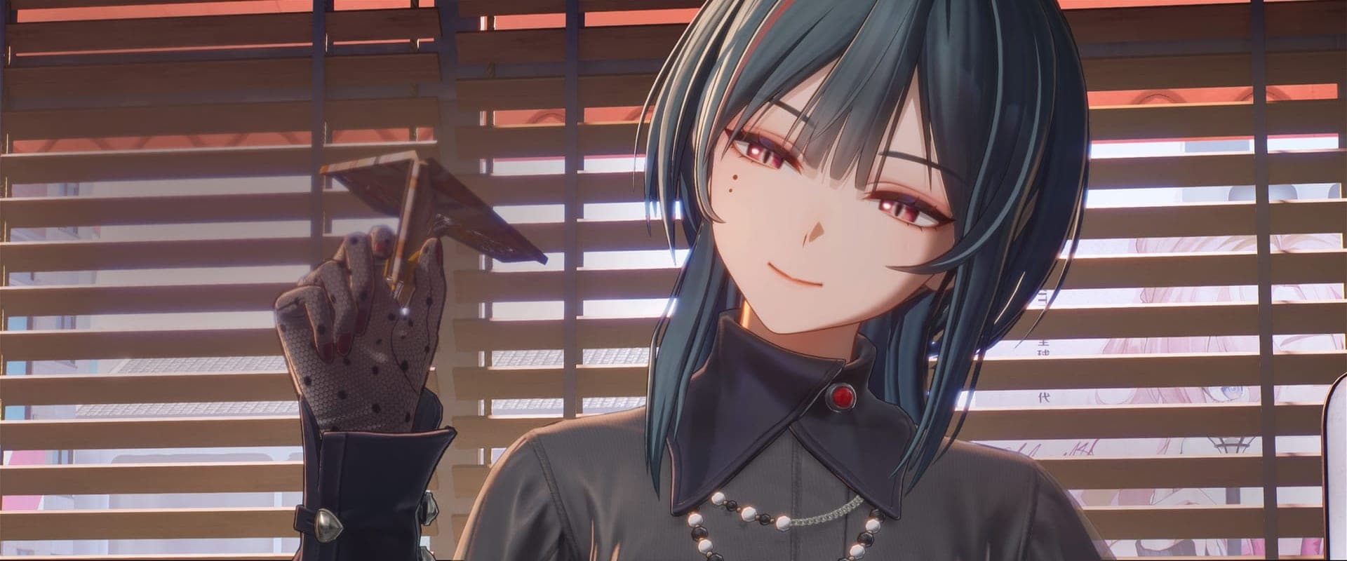 Shi Ye, a woman with dark blue hair and red eyes, smiling and holding up a card in front of window blinds