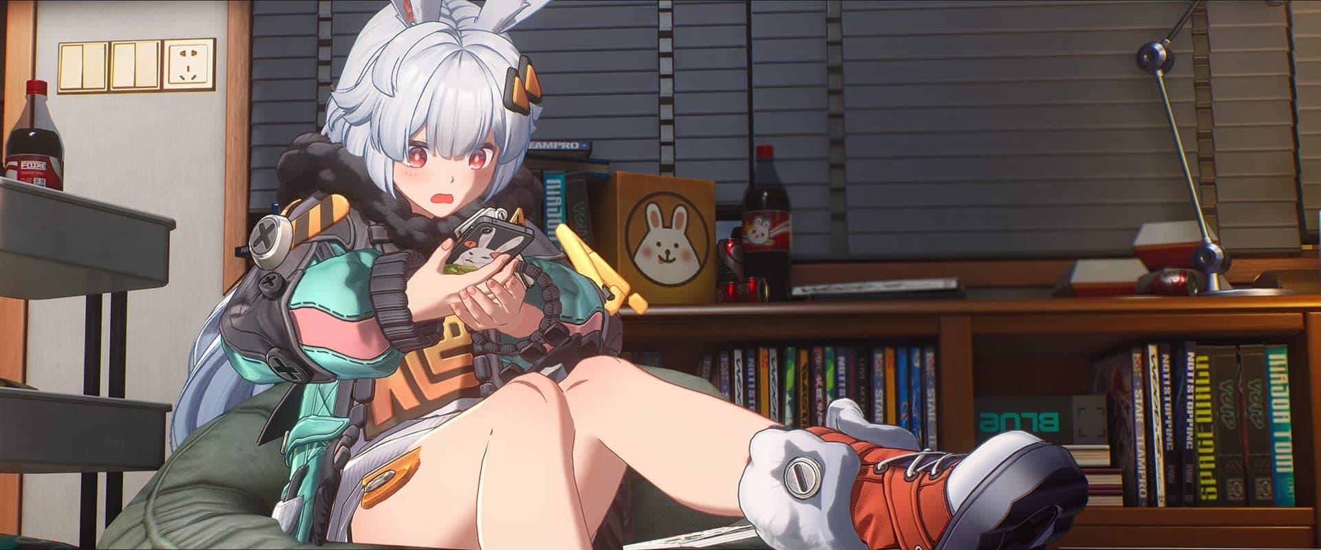 Taffy, a girl with long white rabbit ears and a green jacket, sitting in a room with bookshelves and cola bottles