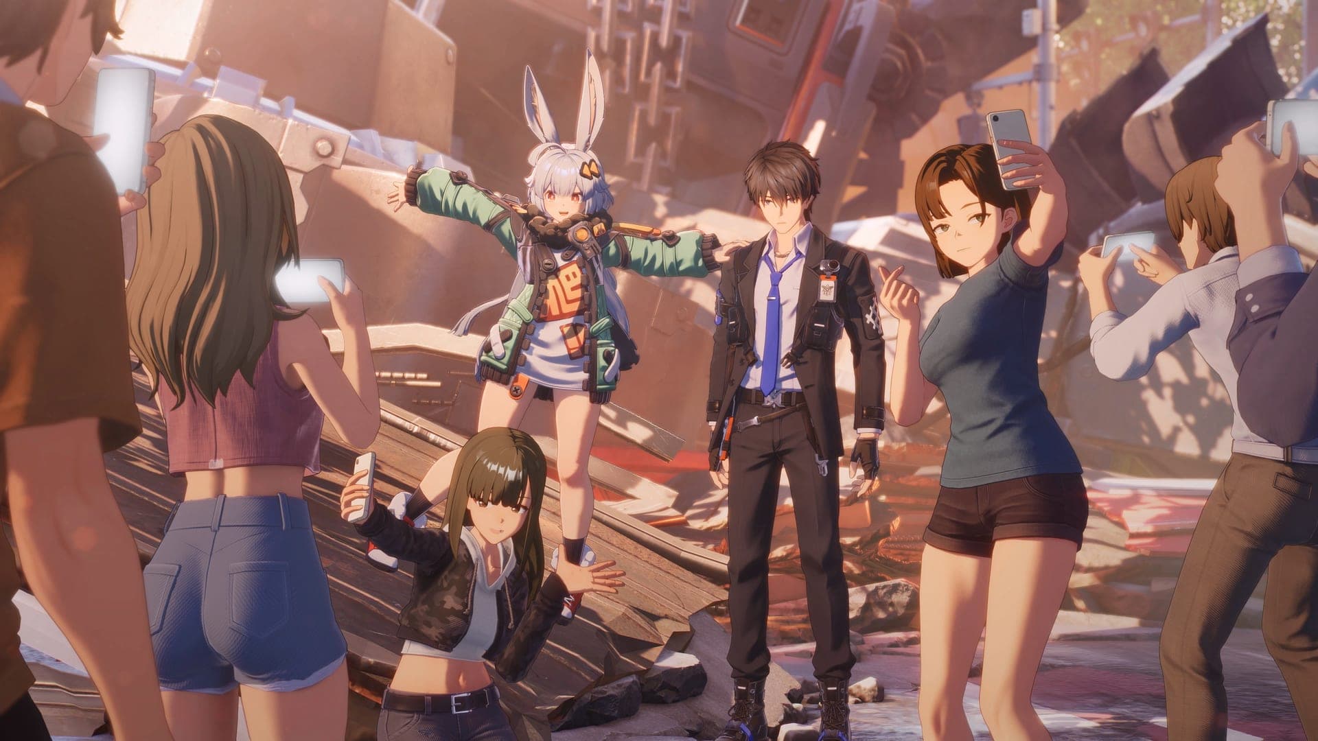 Taffy and the Captain posing in the middle of a crowd of fans holding up phones, among wrecked street debris