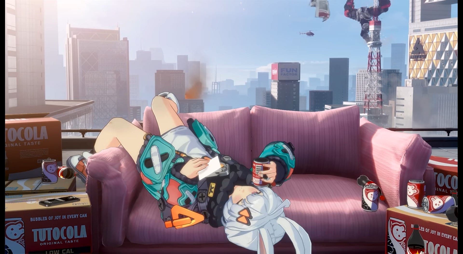 Taffy lies upside down on a pink sofa on a rooftop among TUTOCOLA boxes while a giant dark creature clings to a lattice tower in the city behind her
