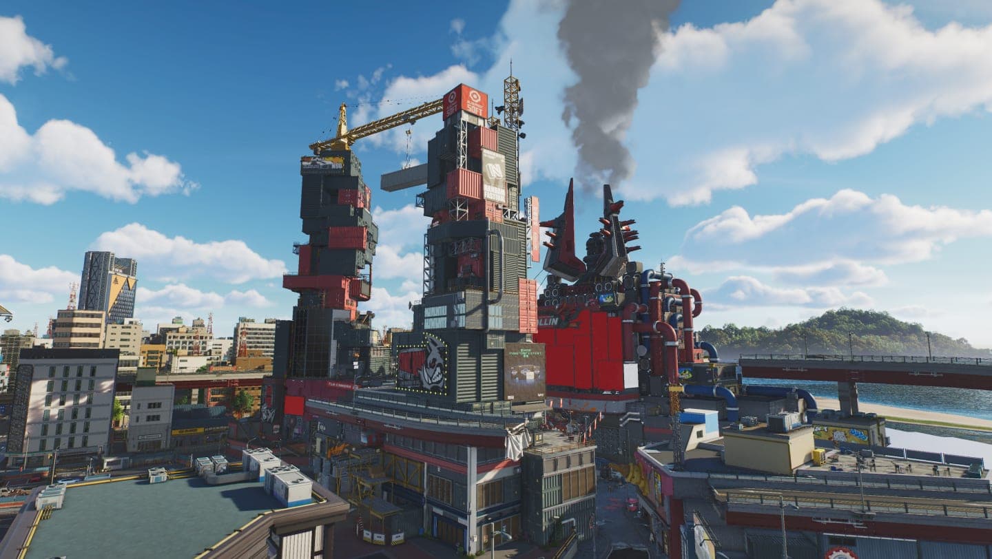 Veluxity Zone: an industrial complex of red towers and chimneys on the waterfront, with a city and hills behind