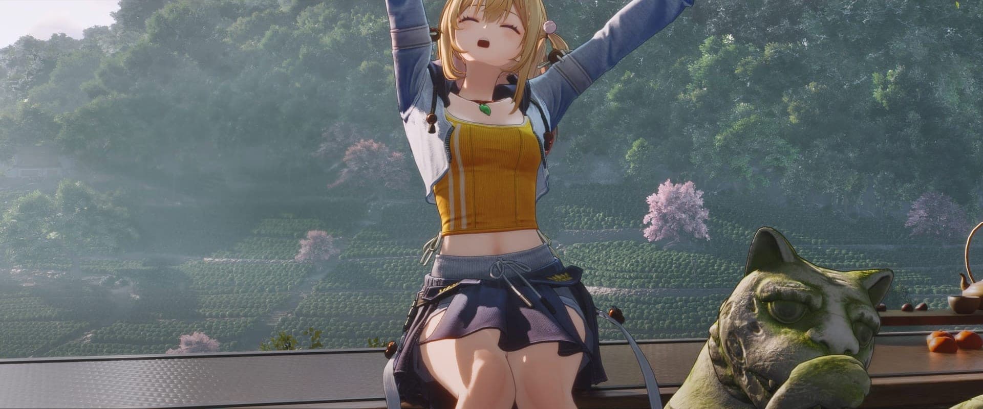 Wei Yinglong, a blonde girl in a yellow top, stretching her arms up on a terrace above tea hills next to a stone tiger statue