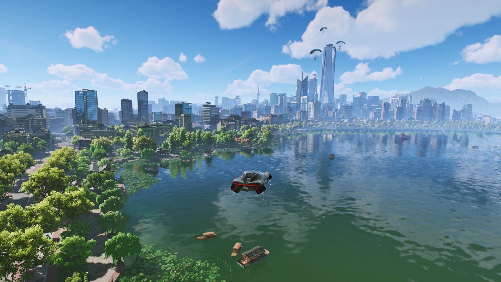 Boats on Weilan Lake among green islands, with the Lingyun skyline across the water