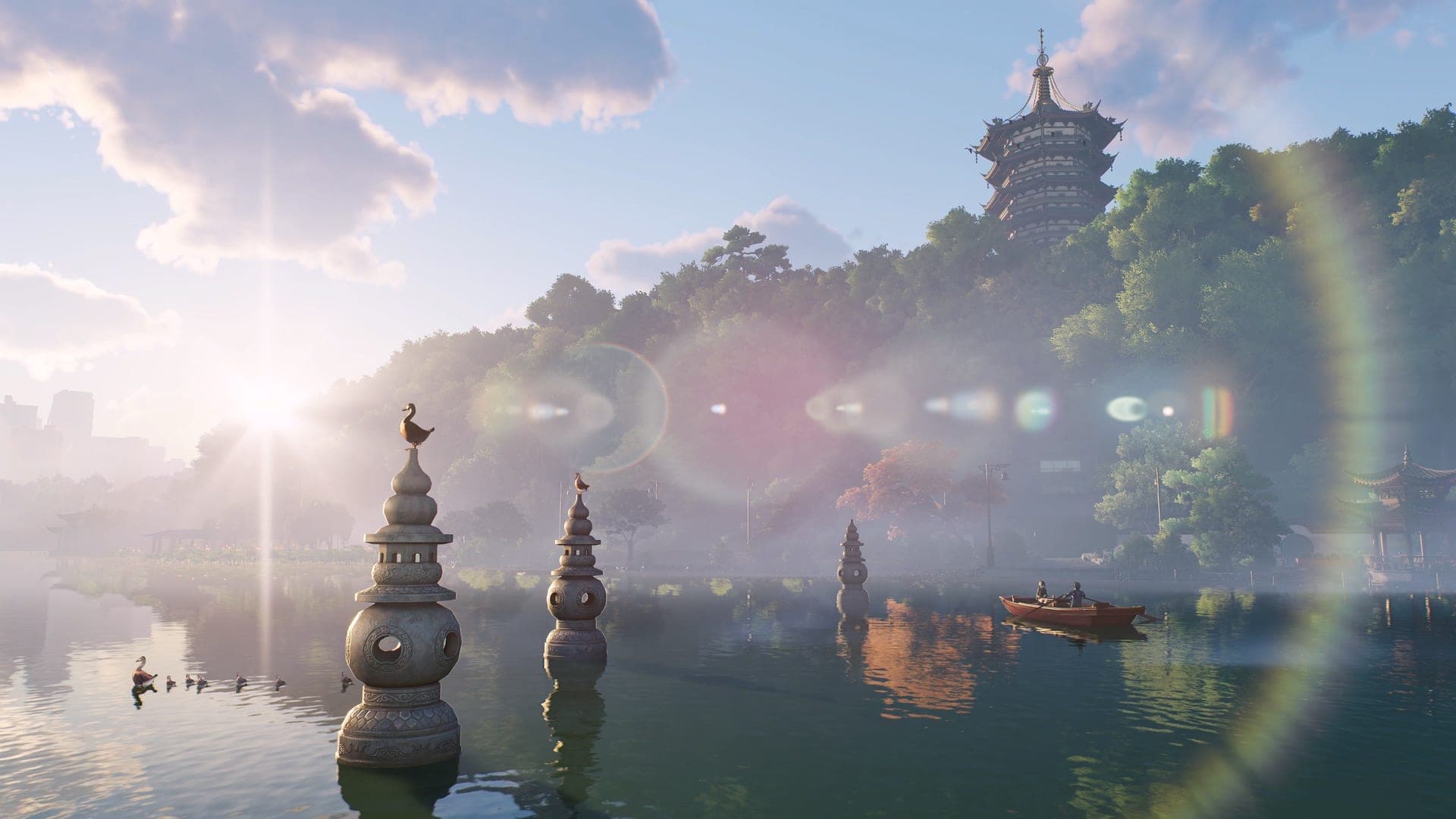 Small stone pagodas standing in Weilan Lake at sunrise, a rowing boat, and a tall pagoda on a wooded hill