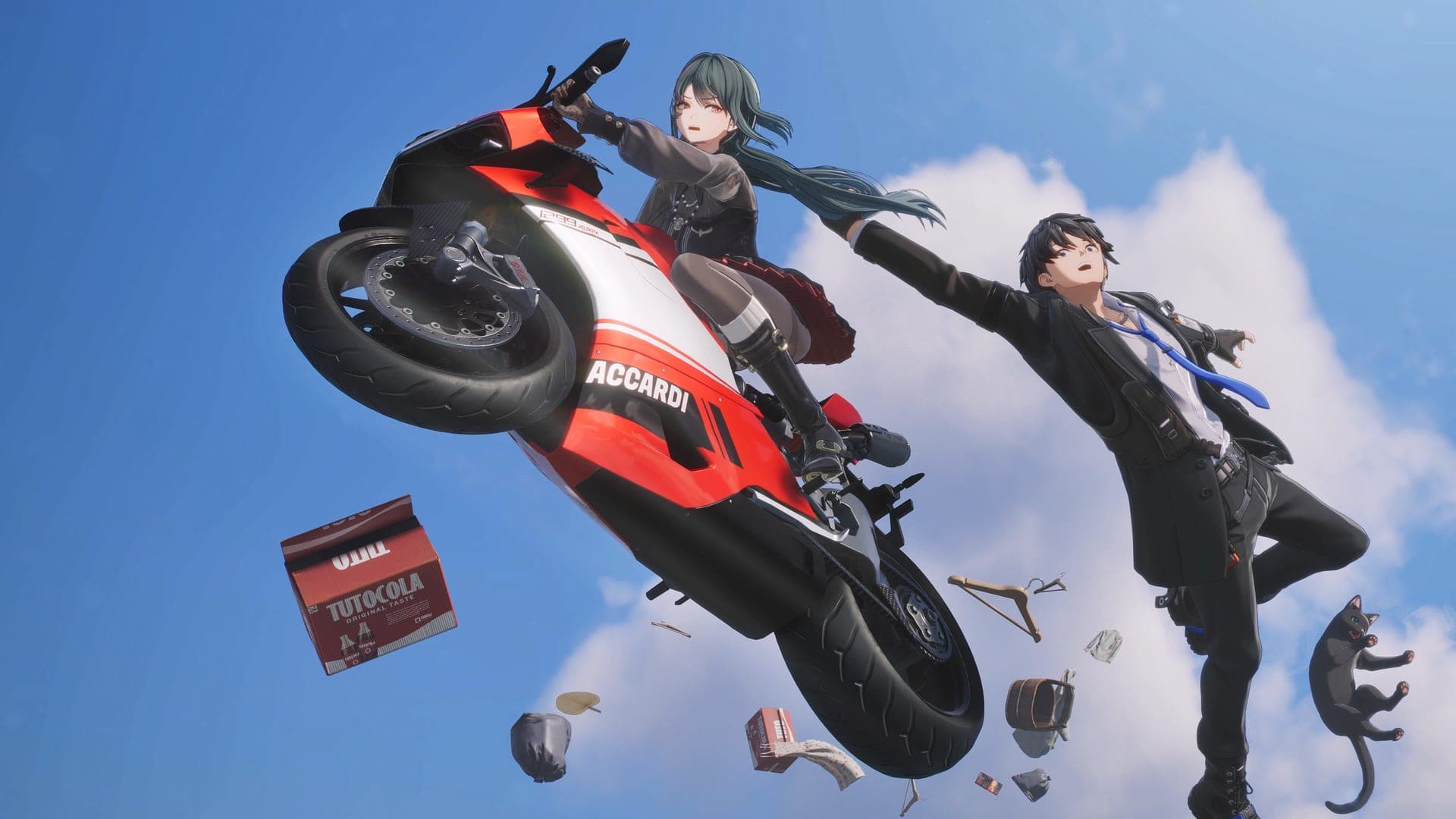 Shi Ye riding a red-and-white motorbike through the air next to the Captain, with boxes and a cat flying around them