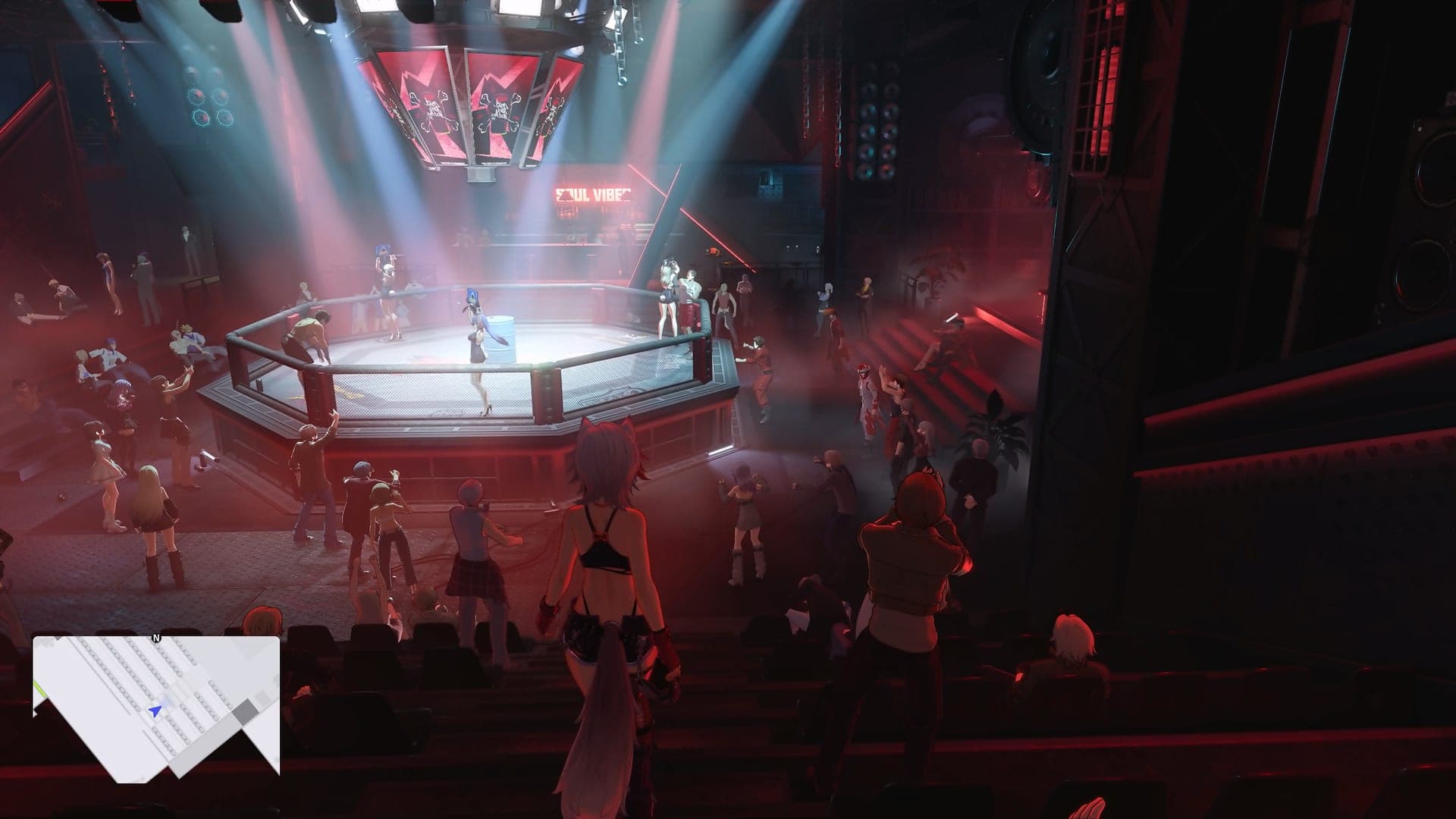 A crowd in a dark club around a lit octagon cage under stage lights, seen from the player character’s view